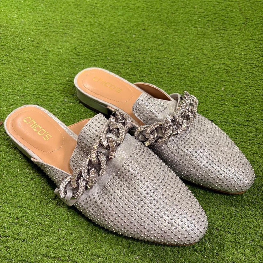 NEW Chico's Silver Studded Chunky Chain Slip On Mules Women's 8 Chic Shoes